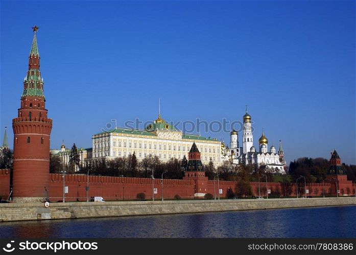 Moscow Kremlin red wall and river, Russia