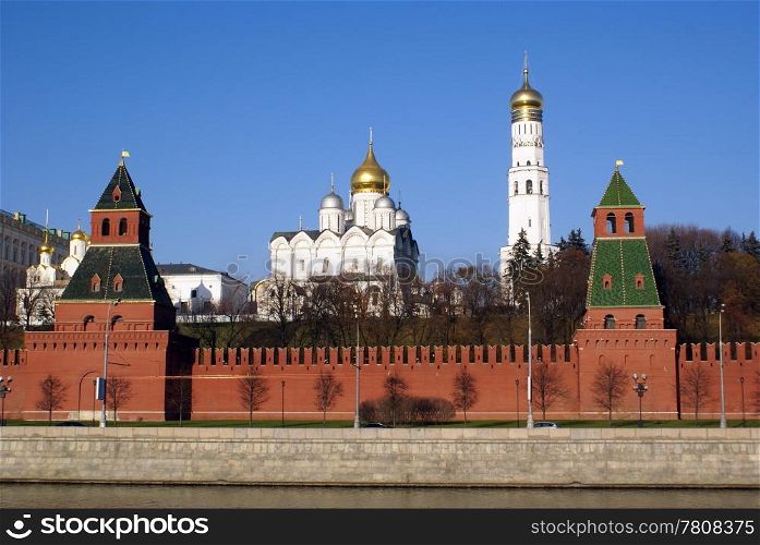 Moscow Kremlin wall, church and River, Russia