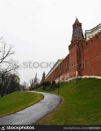 Moscow Kremlin wall in raining day, Russia