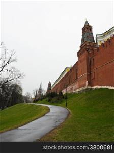Moscow Kremlin wall in raining day, Russia