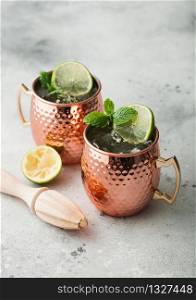 Moscow mule cocktail in a copper mug with lime and mint and wooden squeezer on light kitchen table background