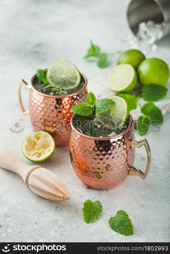 Moscow mule cocktail in a copper mug with lime and mint and wooden squeezer on light kitchen table background with steel shaker