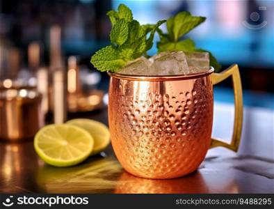 Moscow mule cocktail with lime and mint leaf on bar counter.AI Generative