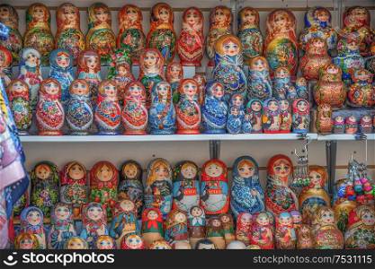 Moscow, November 1, 2019: souvenir doll Matryoshka.