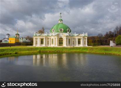 Moscow October 13, 2019, Kuskovo estate, view of the grotto, photo taken in the afternoon on a cloudy day in October. palace in the estate of Kuskovo
