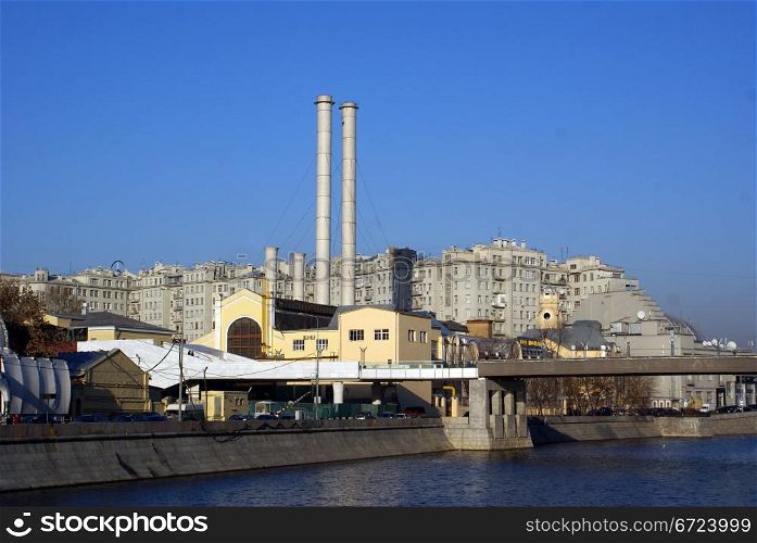Moscow, river, apartment and energy station in the center of Moscow, Russia