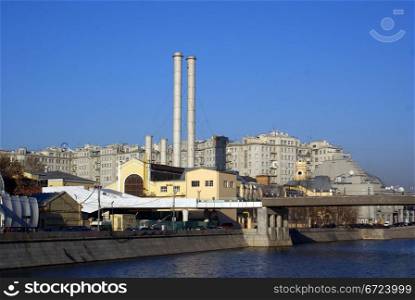 Moscow, river, apartment and energy station in the center of Moscow, Russia