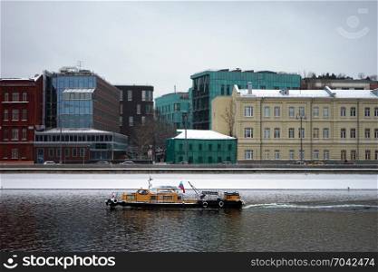 MOSCOW, RUSSIA - 07 DECEMBER 2017 Boat on the Moscow river in winter