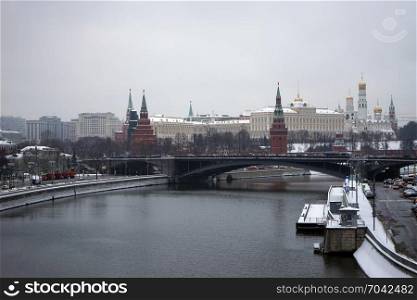 MOSCOW, RUSSIA - 07 DECEMBER 2017 Kremlin and Moscow river at winter