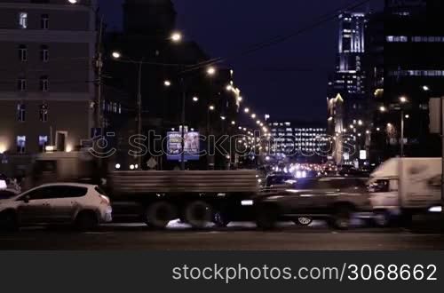 MOSCOW, RUSSIA - DECEMBER 12, 2013: Timelapse of city traffic at night on Academician Sakharov Prospect