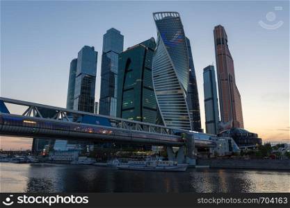 Moscow, Russia, May 2, 2019, view of the business center Moscow City from the Taras Shevchenko embankment and the Moscow River