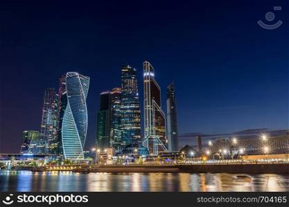 Moscow, Russia, May 2, 2019, view of the business center Moscow City from the Taras Shevchenko embankment and the Moscow River