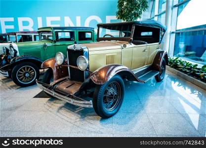 MOSCOW, RUSSIA - MAY 27, 2019: Chevrolet AC Open Tourer built at year 1929 vintage car at the free of charge exhibition at the Moscow Domodedovo Airport