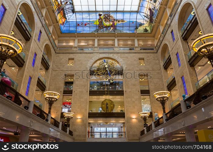 Moscow, Russia, May 6, 2019 internal architecture of the building of the children?s goods store