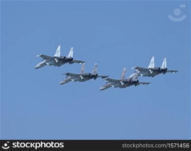 "Moscow Russia Zhukovsky Airfield 31 August 2019: Aerobatic teams "Falcons Of Russia" on planes Su-30 of the international aerospace salon MAKS-2019.. Moscow Russia Zhukovsky Airfield 31 August 2019: Aerobatic teams "Falcons Of Russia" on planes Su-30 of the international aerospace salon MAKS-2019"