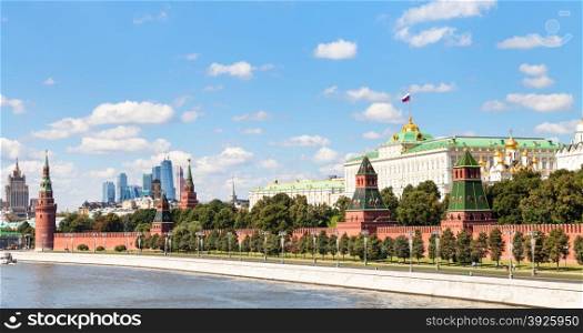 Moscow skyline - panoramic view of Moskva River, embankment, Kremlin, Moscow City district in sunny summer day