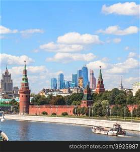 Moscow skyline - view of Kremlin, skyscrapers, Moscow City district and Moskva River in sunny summer day