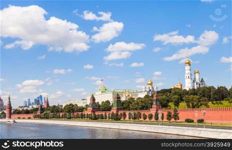 Moscow skyline - view of Moscow Kremlin from Moskva River in sunny summer day