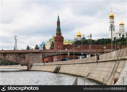 Moskva River and view of Moskvoretskaya Embankment and Kremlin in Moscow city in autumn