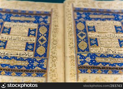 Moslem Holy ancient Book the Quran in Mevlana museum in Konya,Turkey. 28 August 2017. Moslem Holy ancient Book the Quran