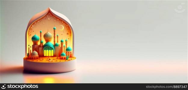 Mosque 3D Illustration for Ramadan Islmic Celebration Banner with Copy Space