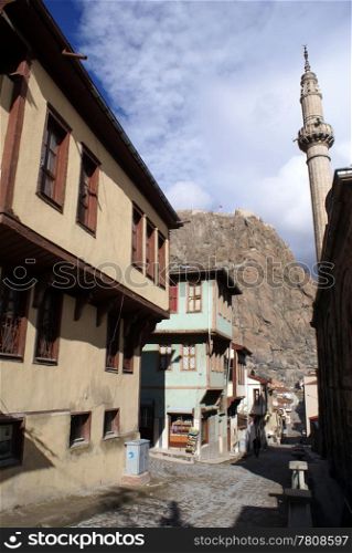 Mosque and street in Afyon in Turkey