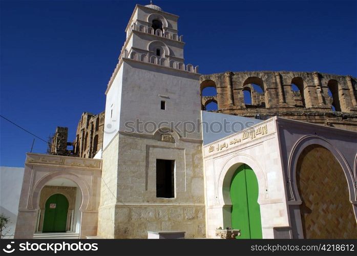 Mosque and wall of roman theater in El-Jem, Tunisia