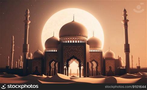 Mosque at night with glowing lights and crescent moon. Eastern architecture concept. Ramadan Kareem. Generative AI.. Mosque at night with glowing lights and crescent moon. Eastern architecture concept. Ramadan Kareem. Generative AI