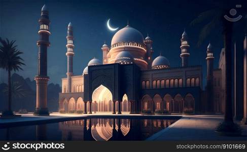 Mosque at night with glowing lights and crescent moon. Eastern architecture concept. Ramadan Kareem. Generative AI.. Mosque at night with glowing lights and crescent moon. Eastern architecture concept. Ramadan Kareem. Generative AI