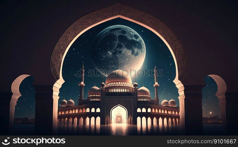 Mosque at night with glowing lights and full moon. Eastern architecture concept. Ramadan Kareem. Generative AI.. Mosque at night with glowing lights and full moon. Eastern architecture concept. Ramadan Kareem. Generative AI