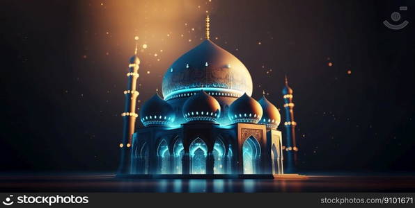 Mosque at night with glowing lights. Eastern architecture concept. Ramadan Kareem. Generative AI.. Mosque at night with glowing lights. Eastern architecture concept. Ramadan Kareem. Generative AI