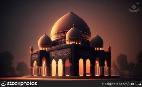 Mosque at night with glowing lights. Eastern architecture concept. Ramadan Kareem. Generative AI.. Mosque at night with glowing lights. Eastern architecture concept. Ramadan Kareem. Generative AI