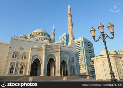 Mosque at sunrise in Sharjah, United Arab Emirates