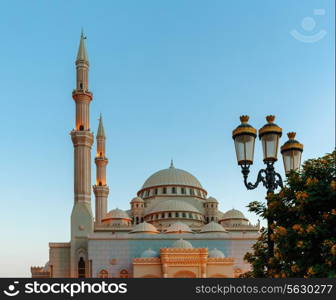 Mosque at sunrise in Sharjah, United Arab Emirates