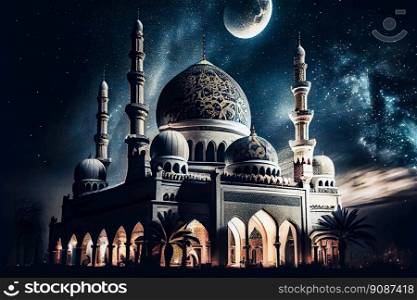 Mosque building. Night blue view of starry sky. Muslim Celebration.  Generative AI
