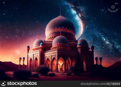 Mosque building. Night blue view of starry sky. Muslim Celebration.  Generative AI 