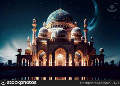 Mosque building. Night blue view of starry sky. Muslim Celebration.  Generative AI 