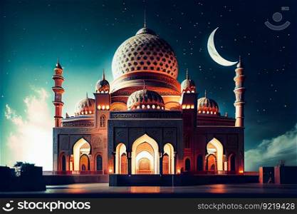 Mosque building. Night blue view of starry sky. Muslim Celebration.  Generative AI
