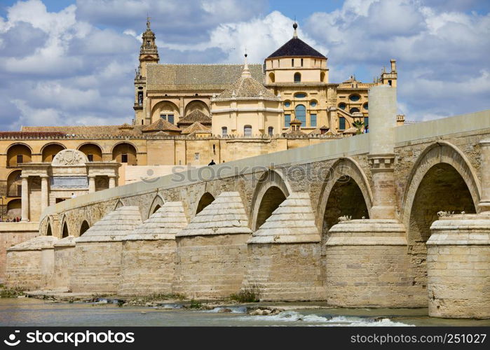 Mosque Cathedral (La Mezquita) and Roman Bridge on Guadalquivir river in Cordoba, Spain, Andalusia region.