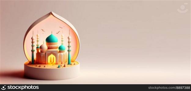 Mosque Digital 3D Illustration for Eid Islamic Ramadan Banner with Copy Space