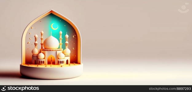 Mosque Digital 3D Illustration for Eid Ramadan Islmic Celebration Banner with Copy Space