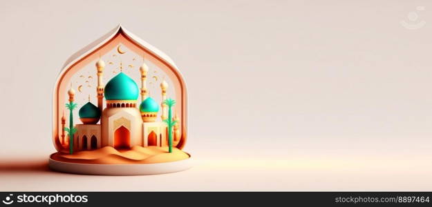 Mosque Digital Illustration for Eid Ramadan Islmic Celebration Background with Empty Space