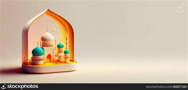 Mosque Digital Illustration for Eid Ramadan Islmic Celebration Banner with Copy Space