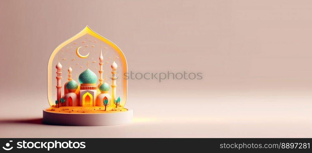 Mosque Digital Illustration for Eid Ramadan Islmic Celebration Banner with Copy Space