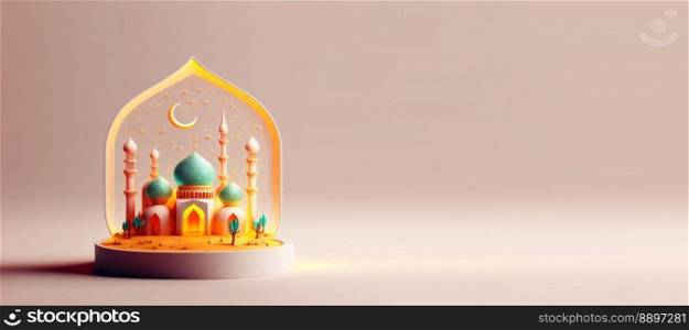 Mosque Digital Illustration for Eid Ramadan Islmic Celebration Banner with Copy Space