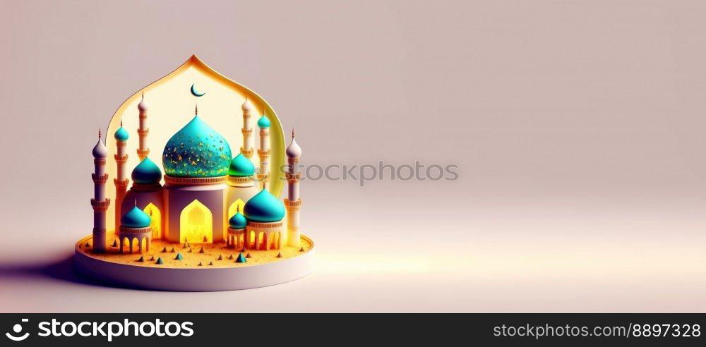 Mosque Digital Illustration for Ramadan Islmic Celebration Banner with Copy Space