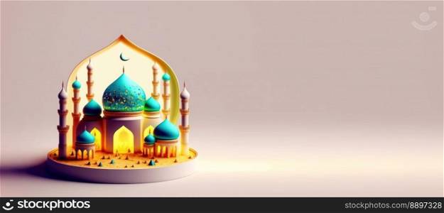 Mosque Digital Illustration for Ramadan Islmic Celebration Banner with Copy Space
