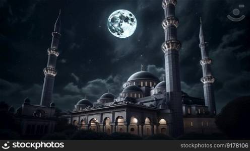 Mosque in front of night cloudy and starry sky  Illustration Generative AI 