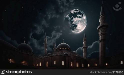Mosque in front of night cloudy and starry sky  Illustration Generative AI 