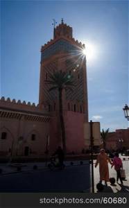 Mosque in Marrakesh, Morocco. Mosque against the blue sky in Marrakesh, Morocco